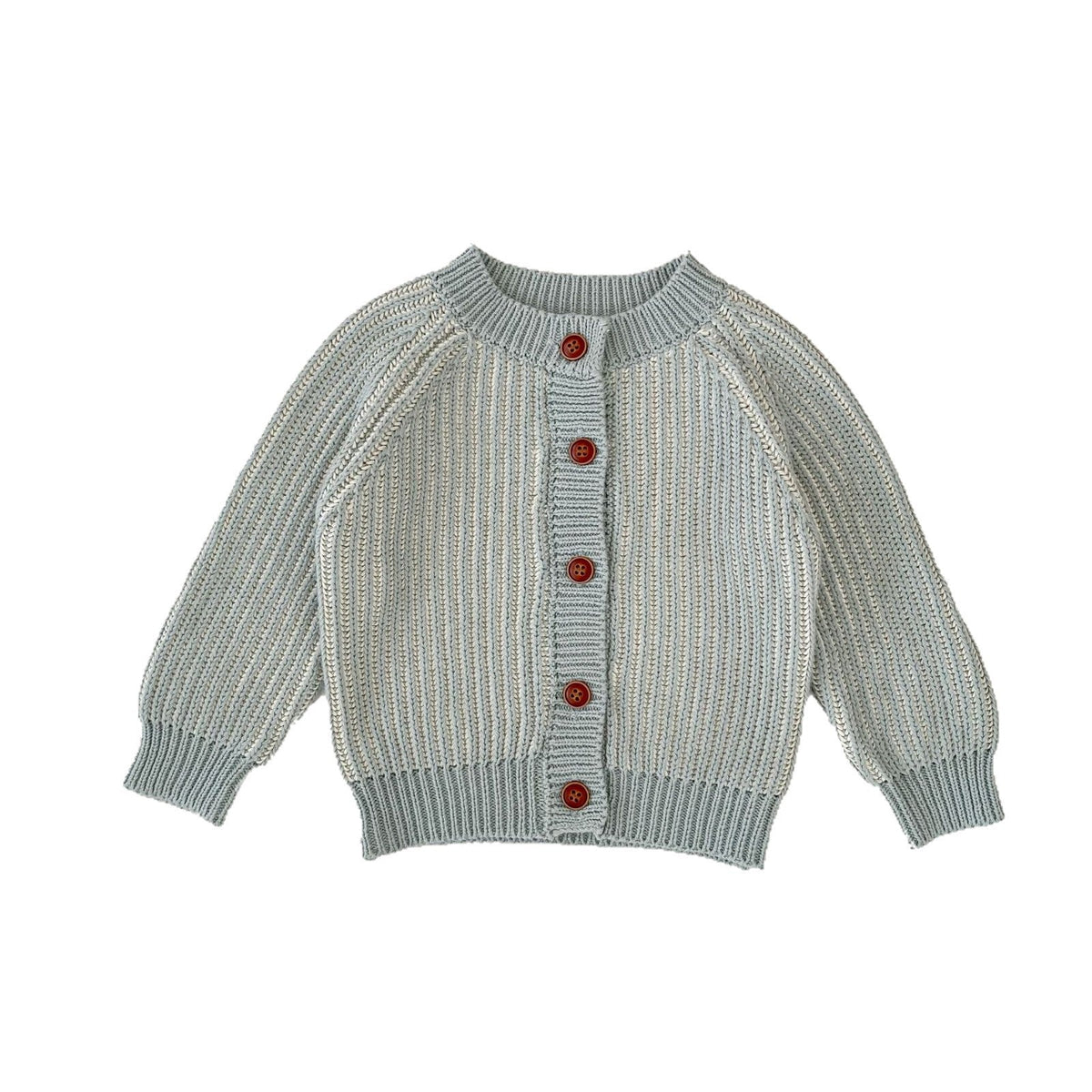 Infant light blue two-tone knit coat with red button placket and ribbed cuffs