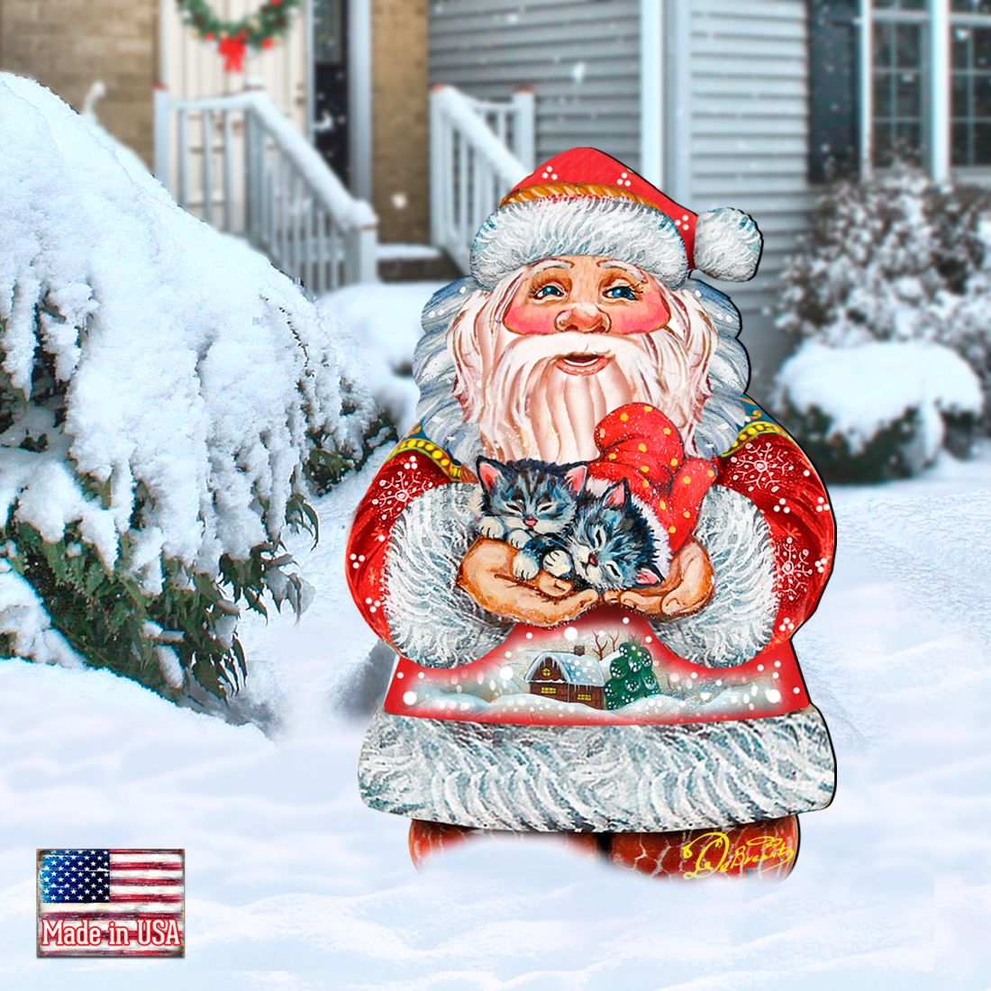 Holiday outdoor yard sign with Santa holding a gray kitten in his arms, red suit