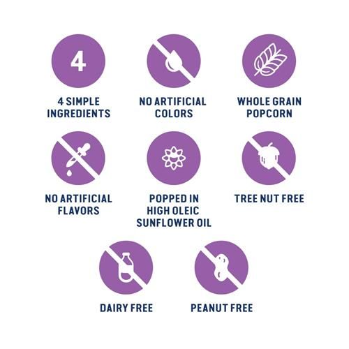 Skinny Pop popcorn bag with purple icon panel for ingredients and allergens