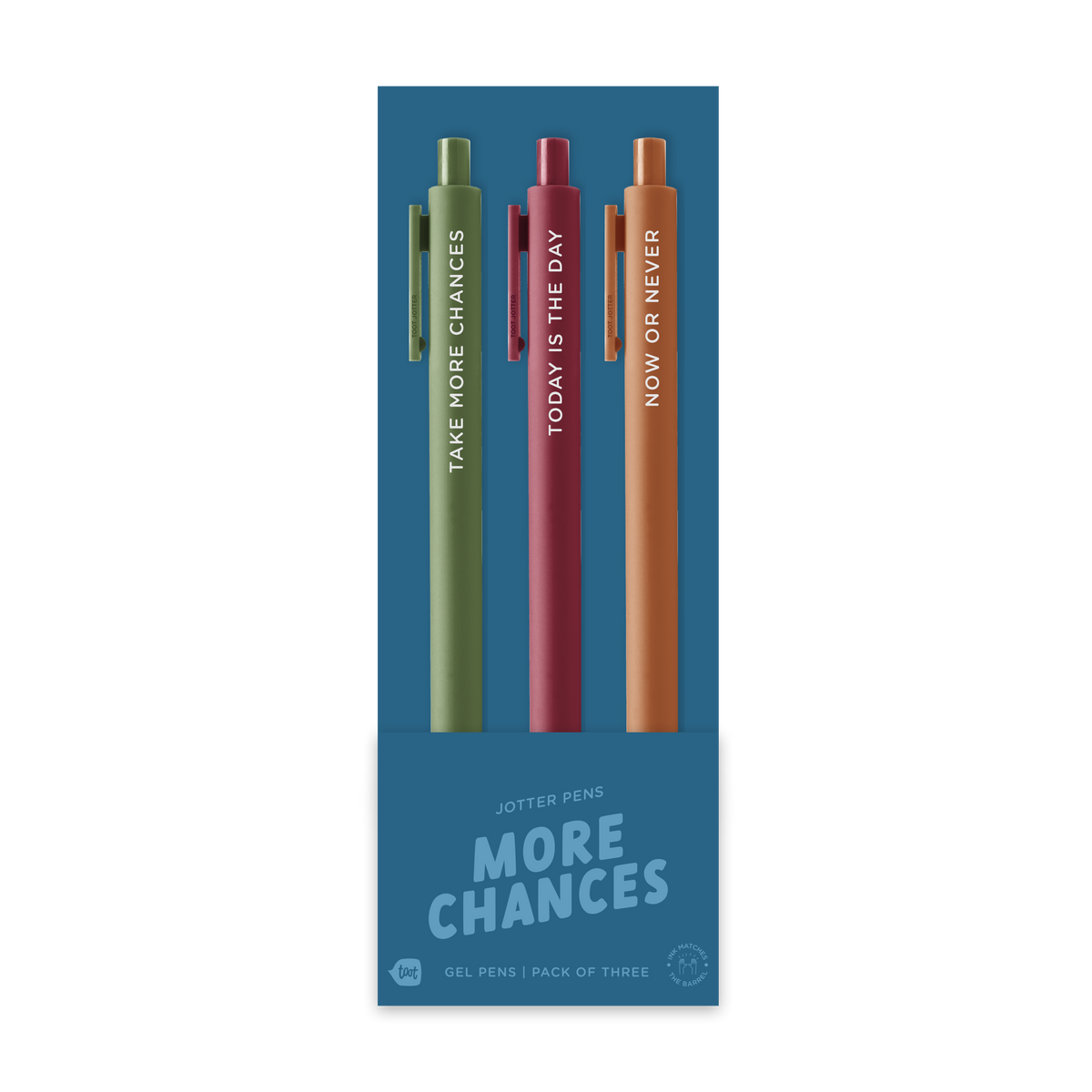 Jotter pen set (3-pack) with olive, red, and tan gel pens in a retail box