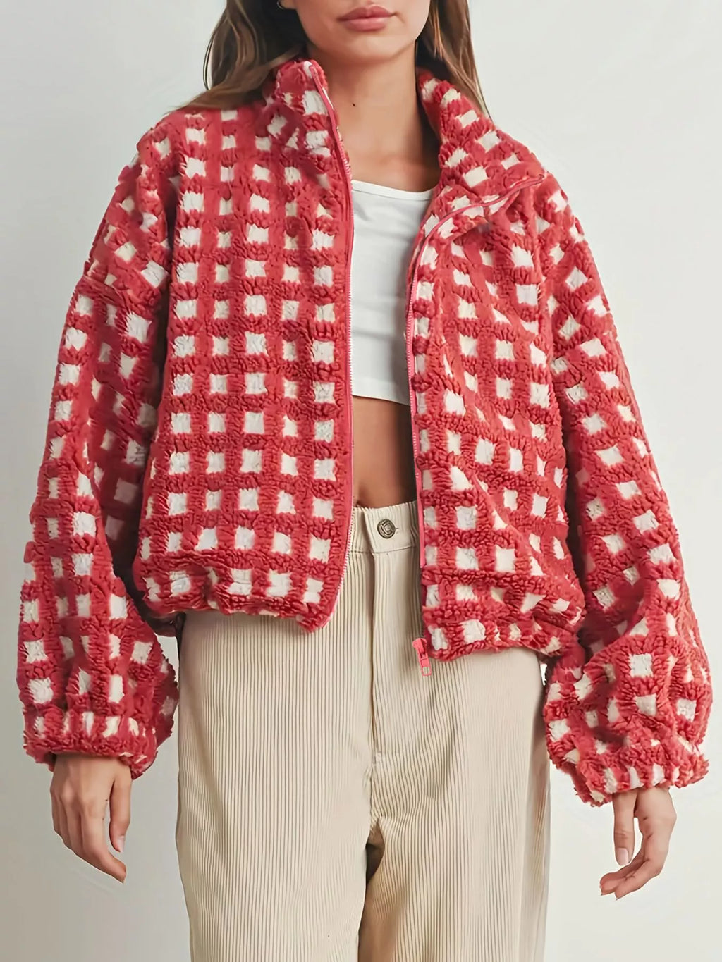 Red plaid zip-up sherpa jacket with stand collar and textured checker pattern