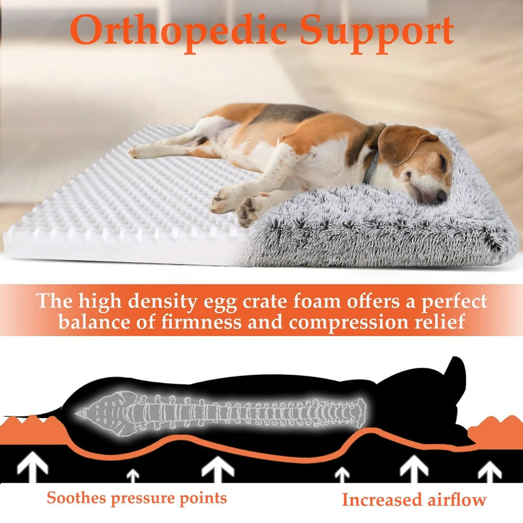 Gray plush dog bed with egg-crate style support foam top