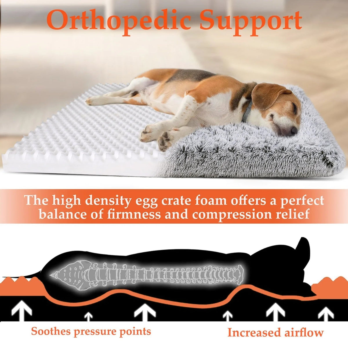 Gray plush dog bed with egg-crate style support foam top