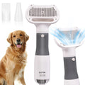 White pet grooming dryer brush with gray handle and stainless steel bristles