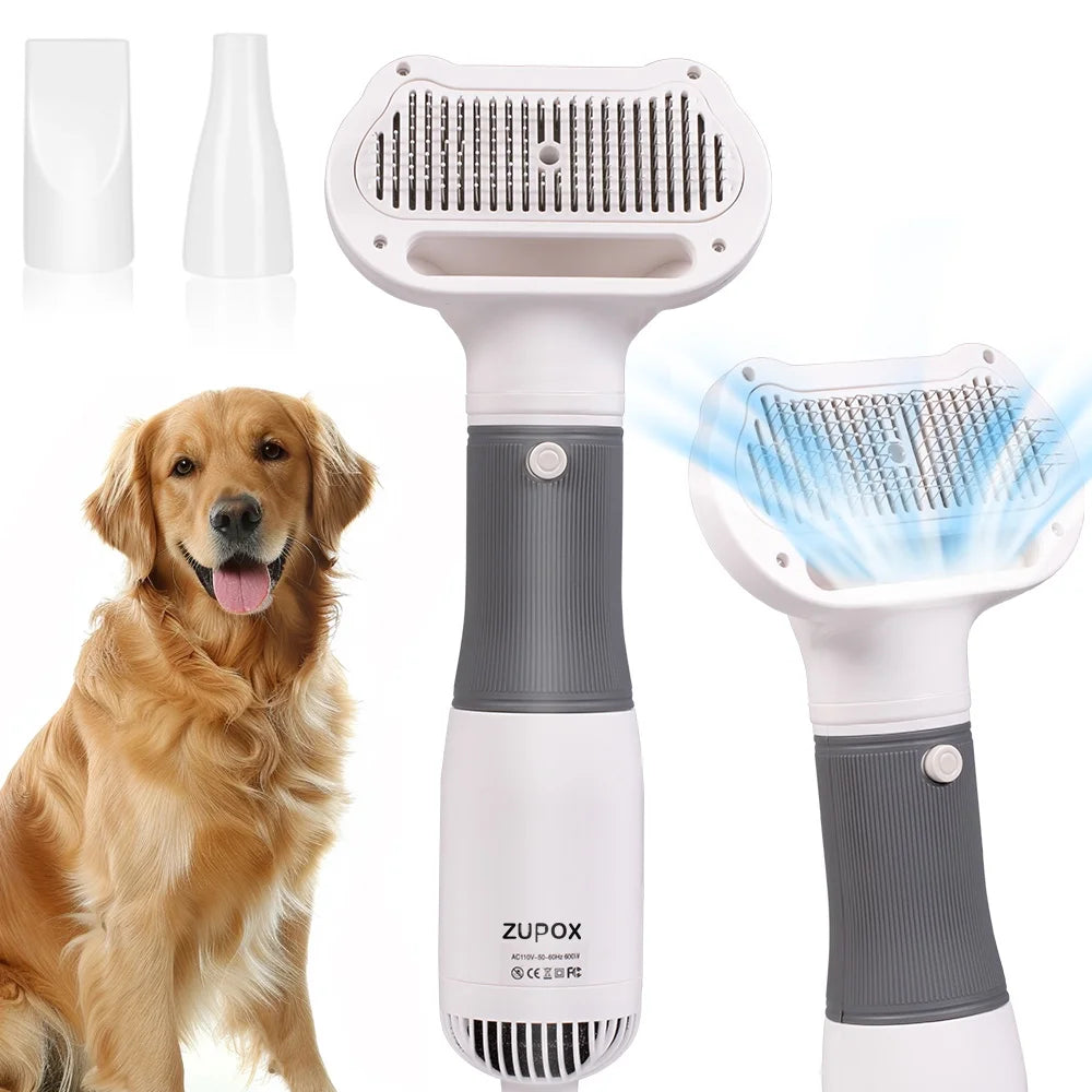 White pet grooming dryer brush with gray handle and stainless steel bristles