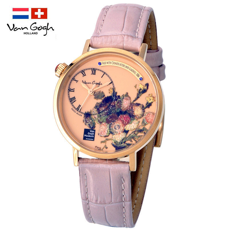 Women’s quartz wristwatch with lavender leather strap and gold-tone floral art dial