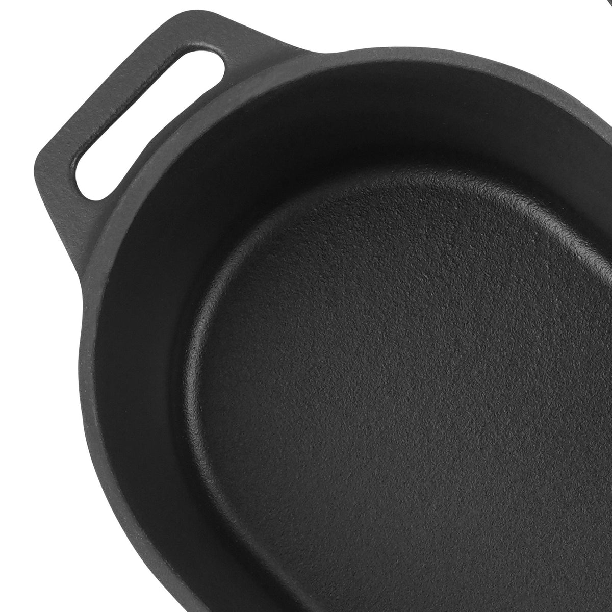Black enameled cast iron Dutch oven interior with textured enamel surface