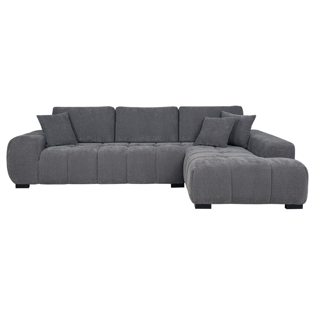 Charcoal gray sectional chaise sofa with chaise lounge, back pillows, and square arms