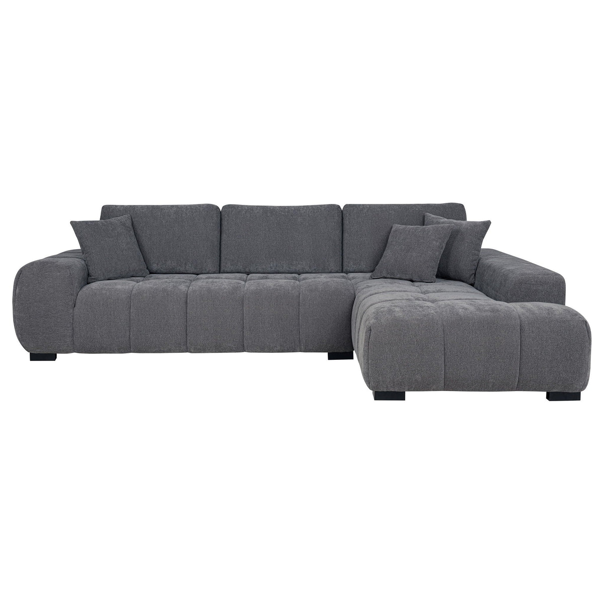 Charcoal gray sectional chaise sofa with chaise lounge, back pillows, and square arms
