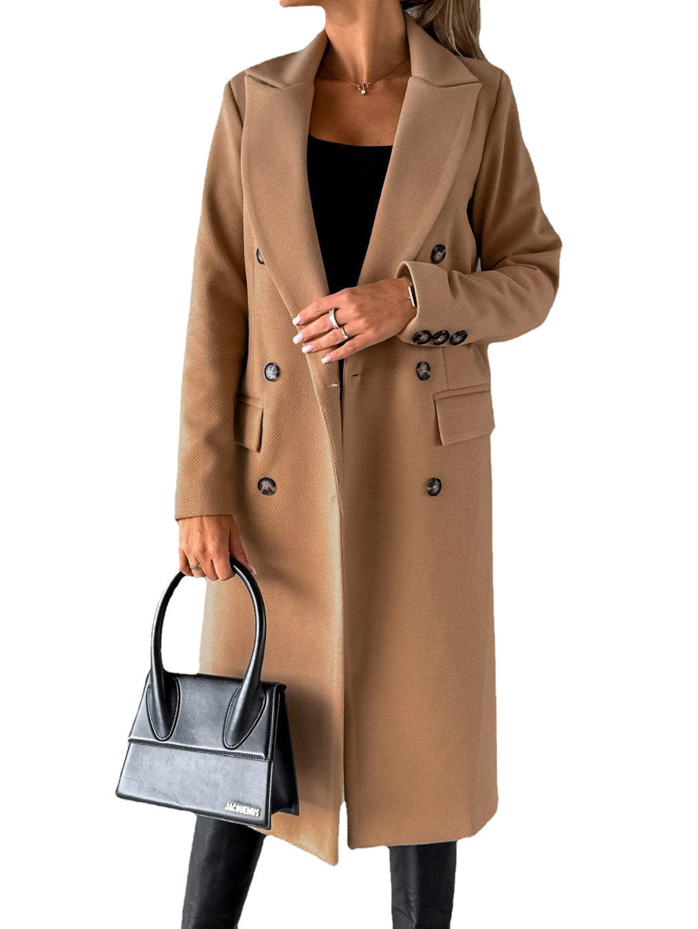 Camel tan double-breasted lapel long coat with long sleeves and buttoned front pockets