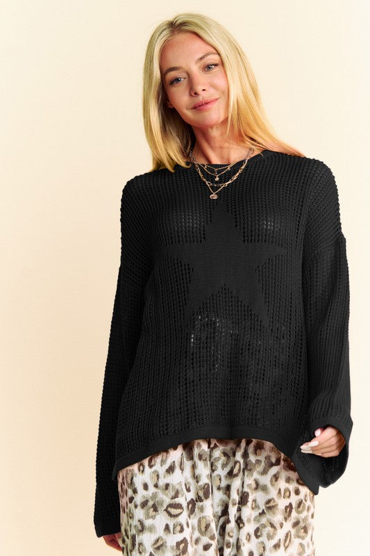Black star-pattern crochet knit sweater with crew neck and textured front