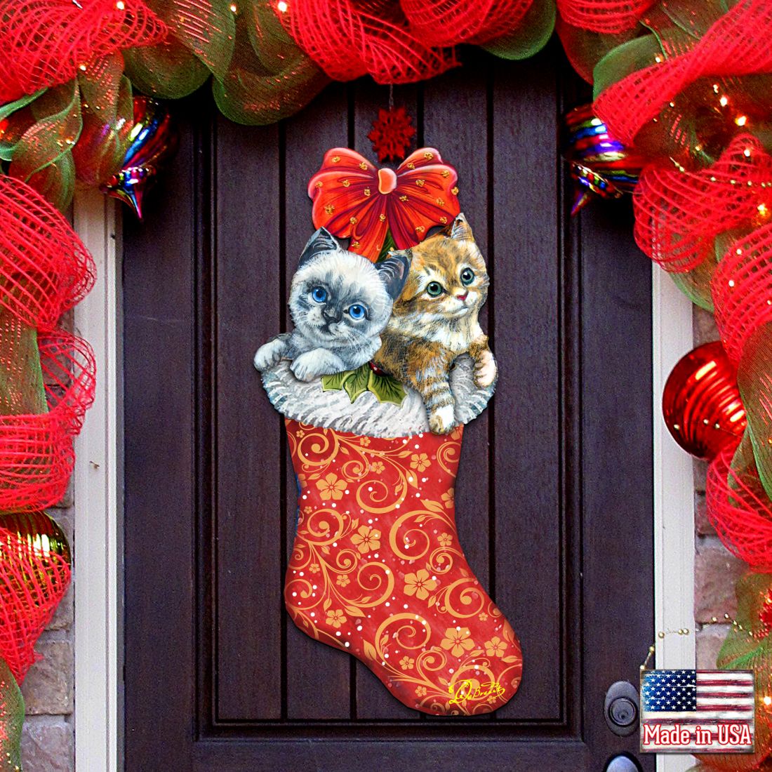 Christmas stocking door decor with two kittens and red bow, red fabric with gold swirls