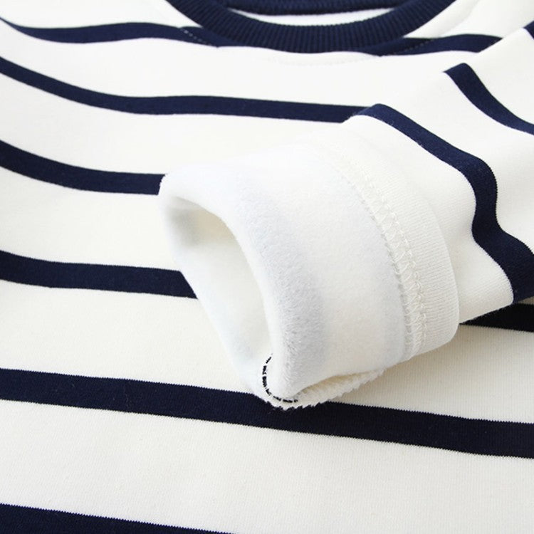 Children's navy-and-white striped sweater sleeve with ribbed cuff