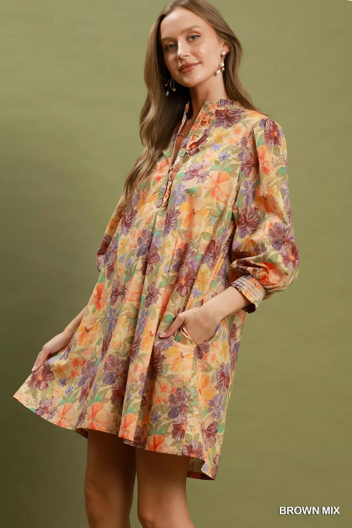 Floral smocked-cuff mini dress with button placket, long balloon sleeves, brown mix