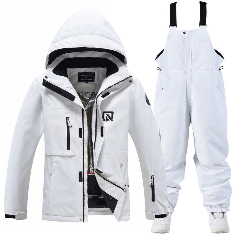 White hooded ski jacket with white snow pants set, black hood lining and zip pockets