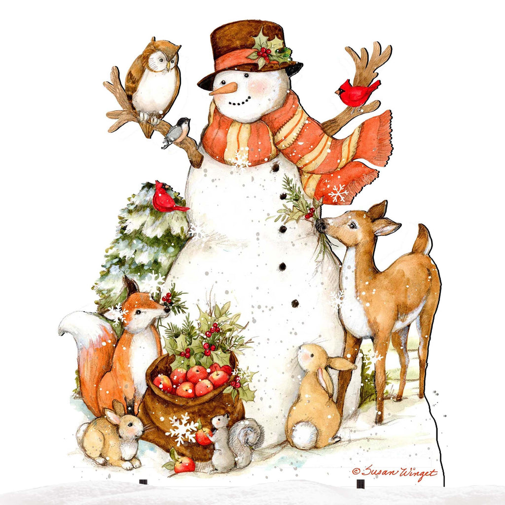 Christmas yard sign showing snowman with orange coat, deer, birds, and pine tree