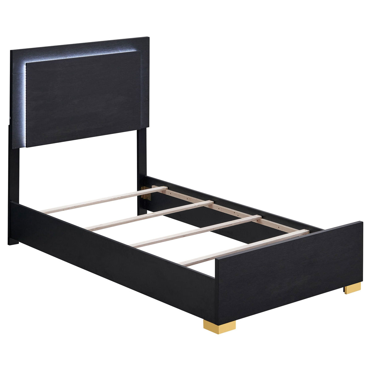 Black twin platform bed frame with headboard, side rails, and slat support