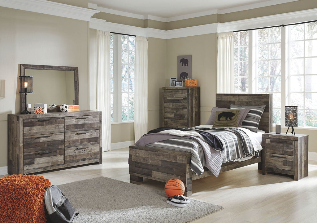 Youth panel bedroom set with gray wood-look bed, dresser with mirror, and bedside nightstand