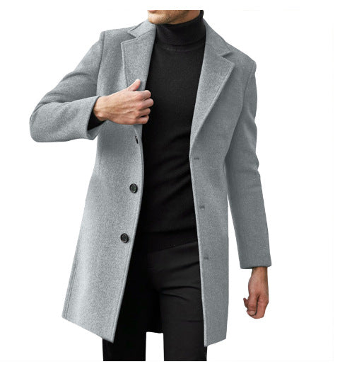 Men's mid-length long-sleeve wool coat, light gray with button front and notched lapels