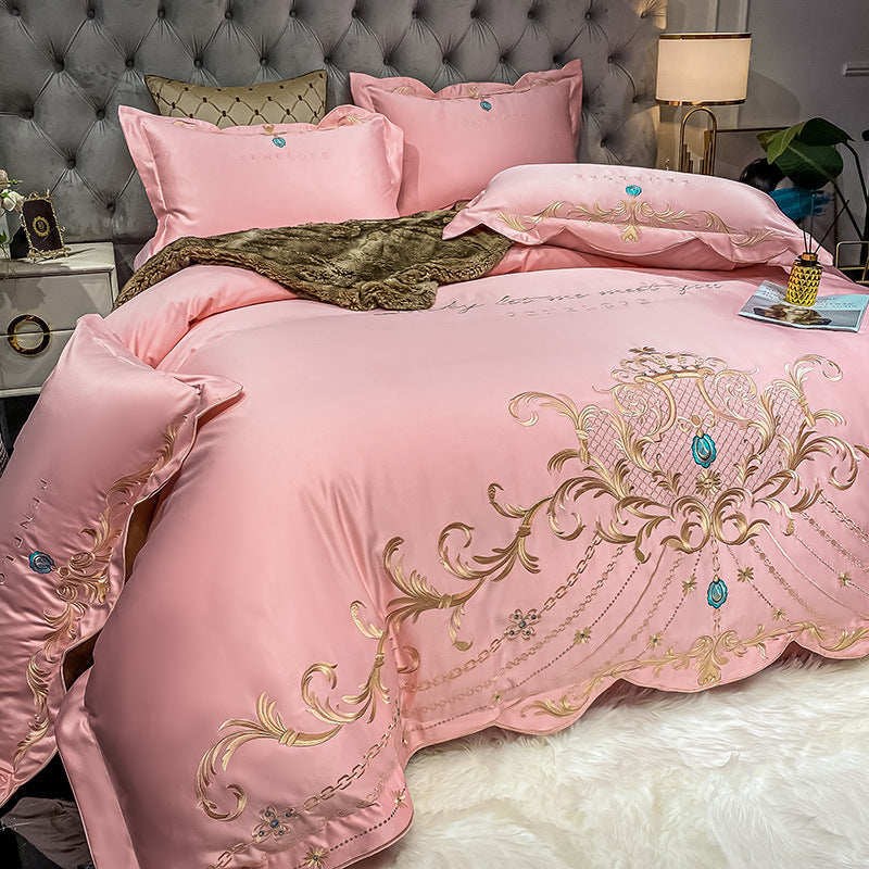 Ice Silk quilt bed sheet set, pink satin with gold ornamental scroll embroidery