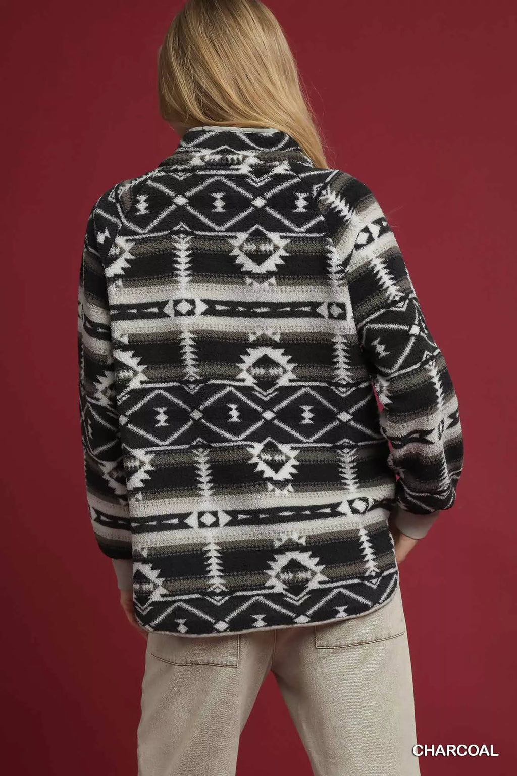 Charcoal sherpa pullover with aztec tribal pattern, full back view