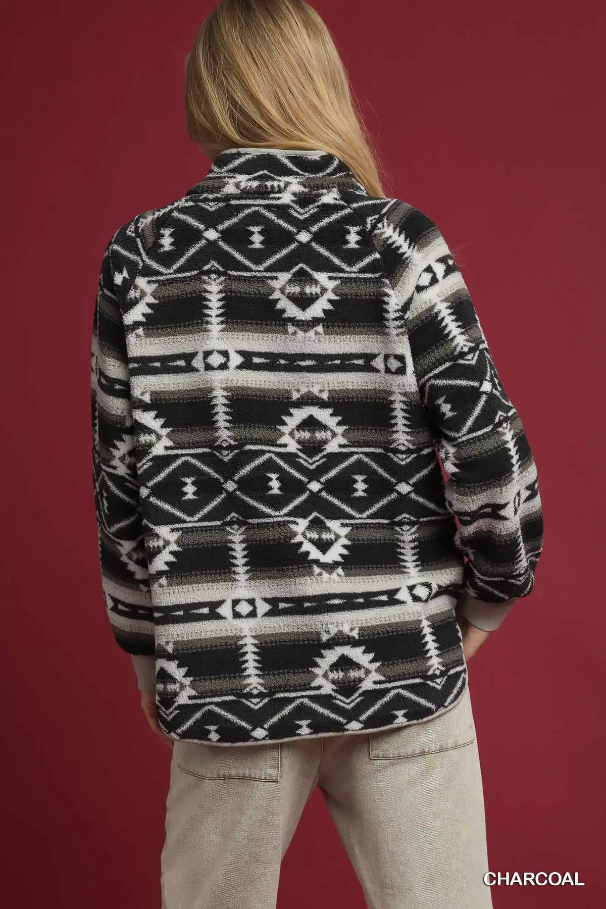 Charcoal sherpa pullover with aztec tribal pattern, full back view
