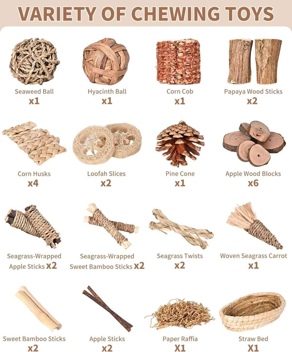 31-piece rabbit chew toy set contents, including wood sticks, loofah, pine cone and straw bed