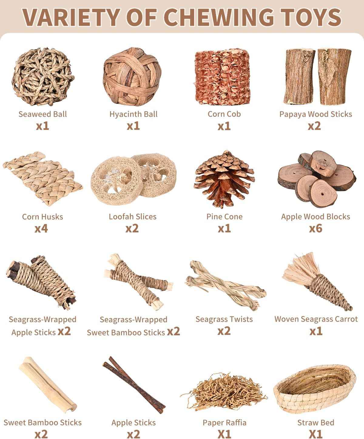 31-piece rabbit chew toy set contents, including wood sticks, loofah, pine cone and straw bed