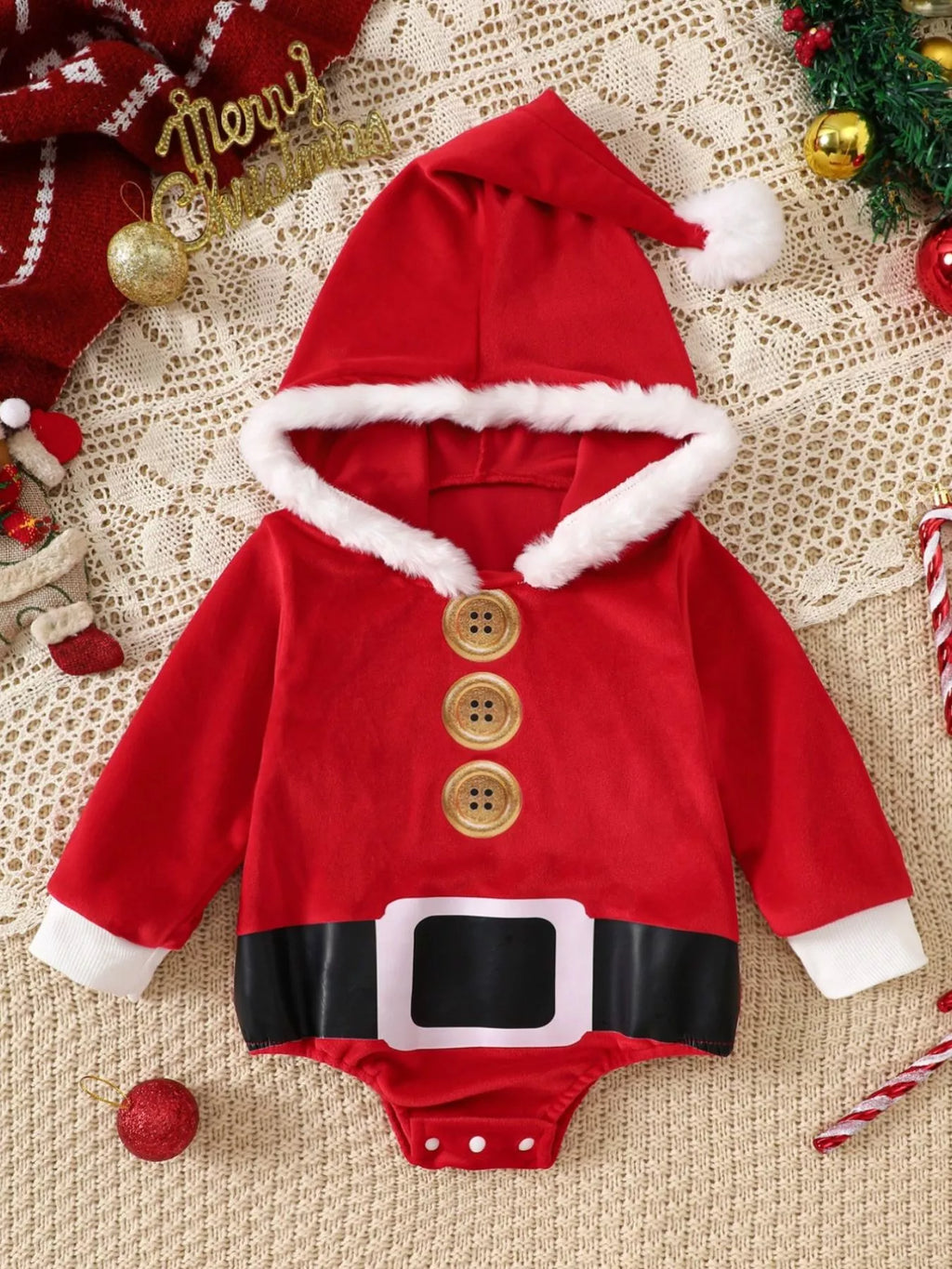 Children’s red Santa hooded one-piece with white trim, button placket, black belt panel