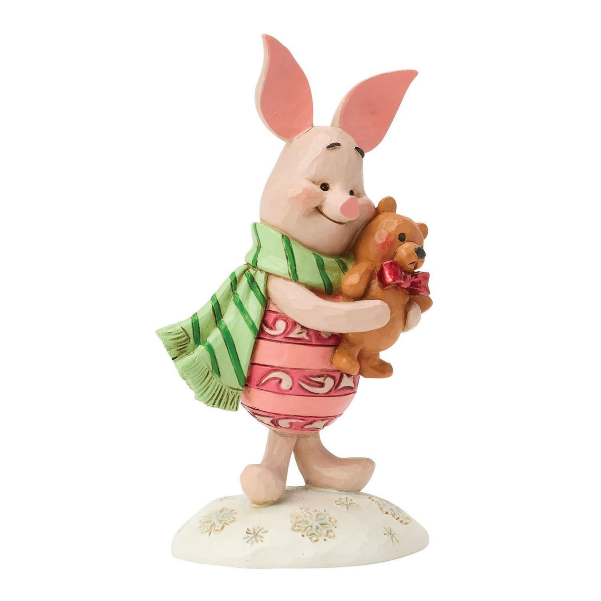 Piglet mini figurine hugging teddy bear, front view, green scarf and pink dress