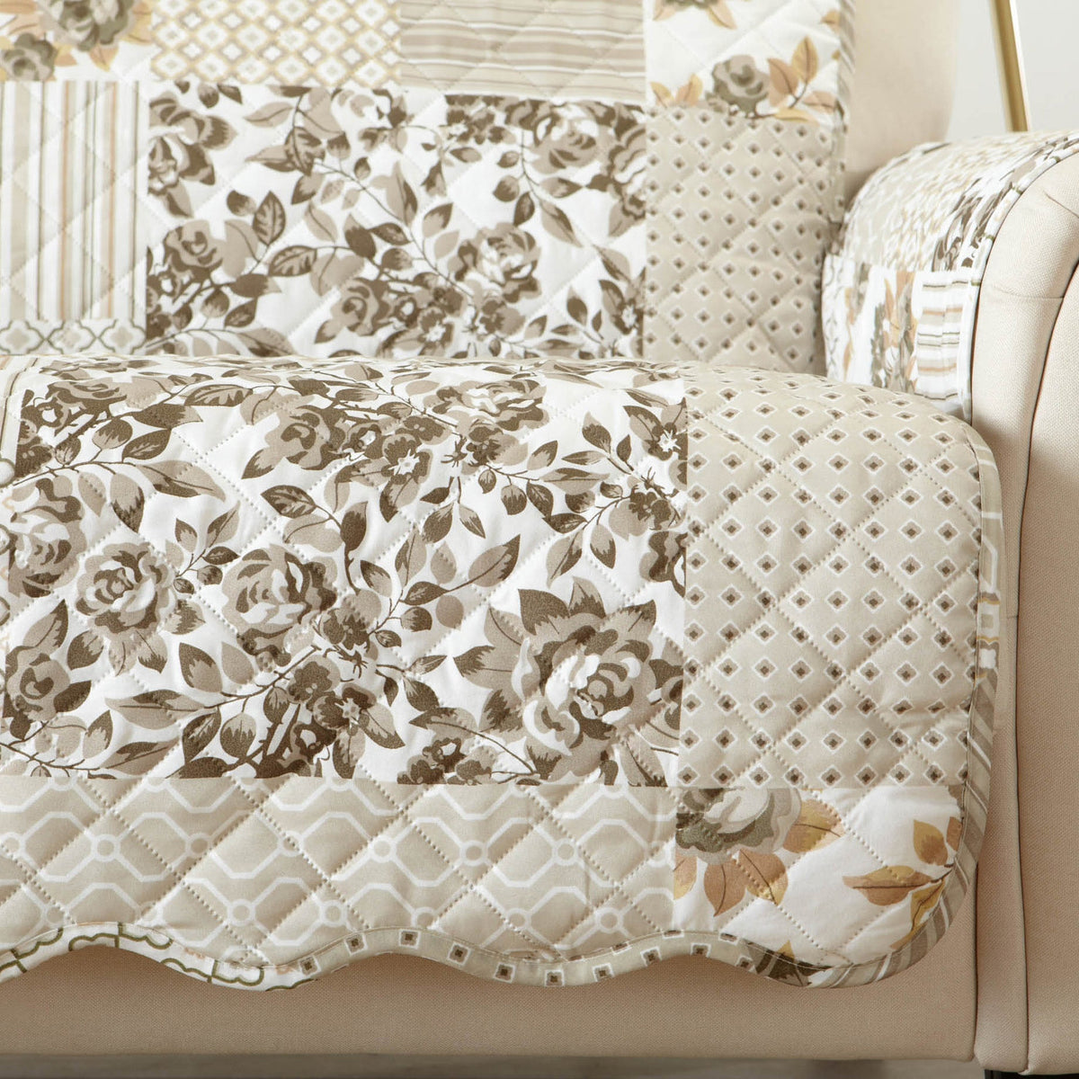 Taupe patchwork armchair protector with floral print and diamond lattice panels