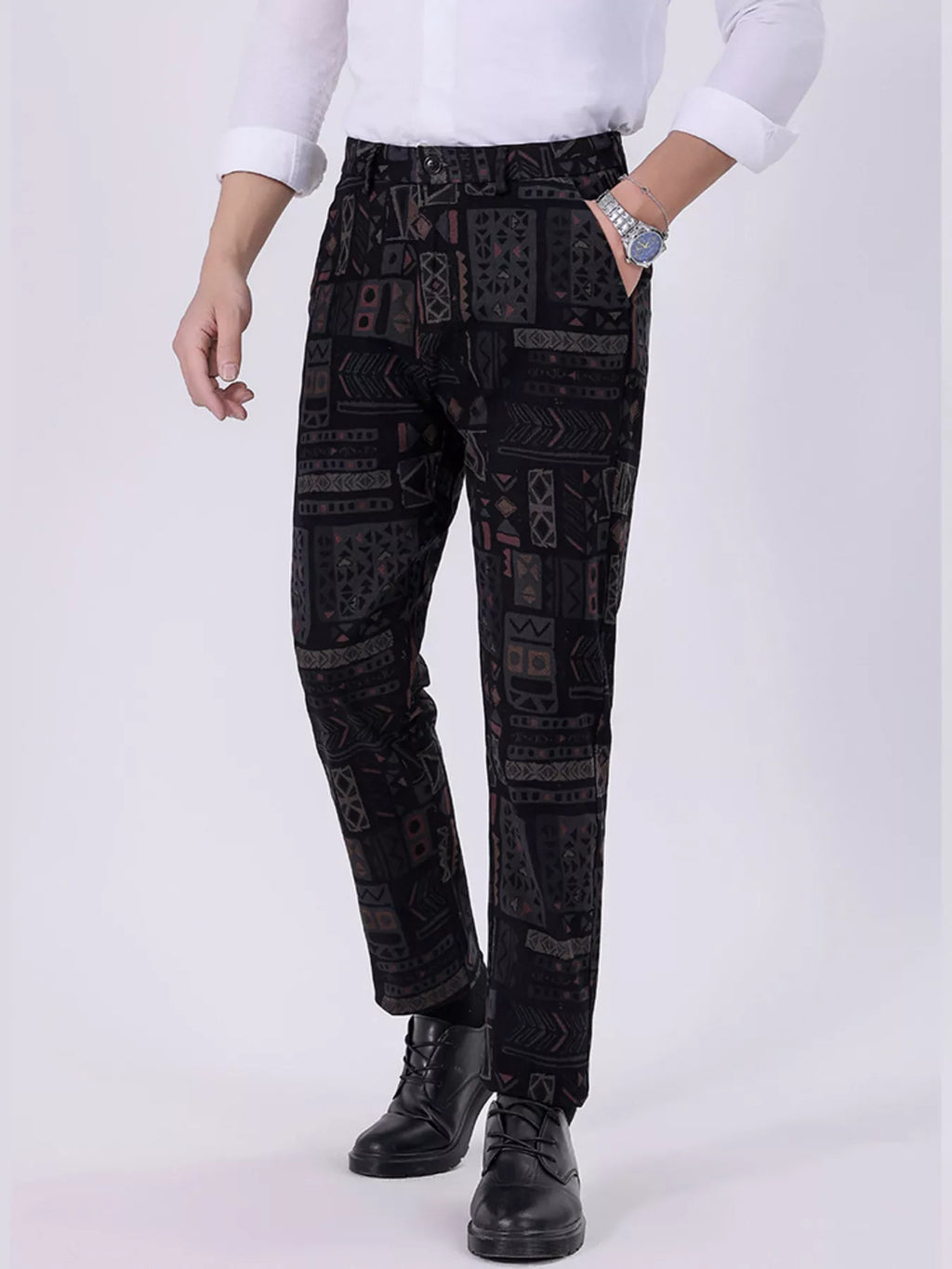 Men's black printed casual pants with belt loops and tapered leg