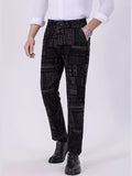 Men's black printed casual pants with belt loops and tapered leg