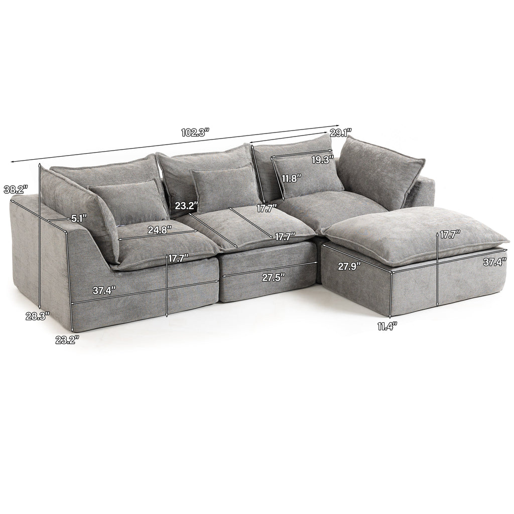Gray modular sectional sofa layout view with measured arm and chaise sections