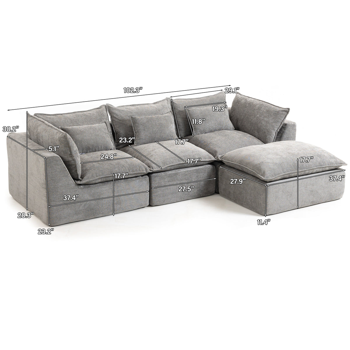 Gray modular sectional sofa layout view with measured arm and chaise sections