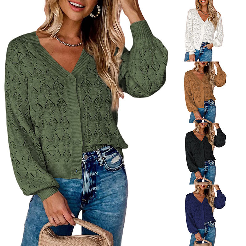 Women’s green knitted short cardigan, V-neck button front, long sleeves