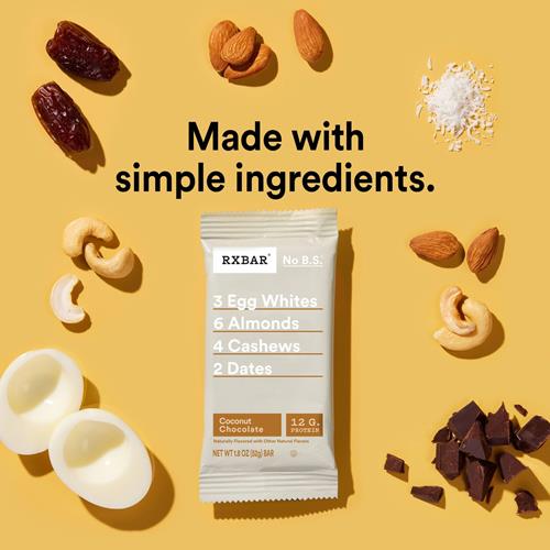 Coconut Chocolate protein snack bar pouch with RXBAR label and No B.S.