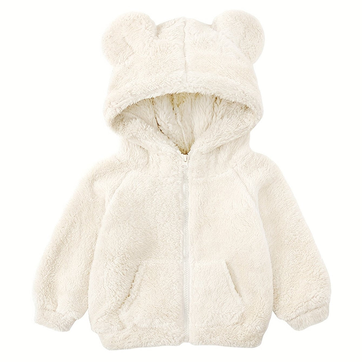 White fuzzy hooded baby jacket with bear-ear hood and front zip