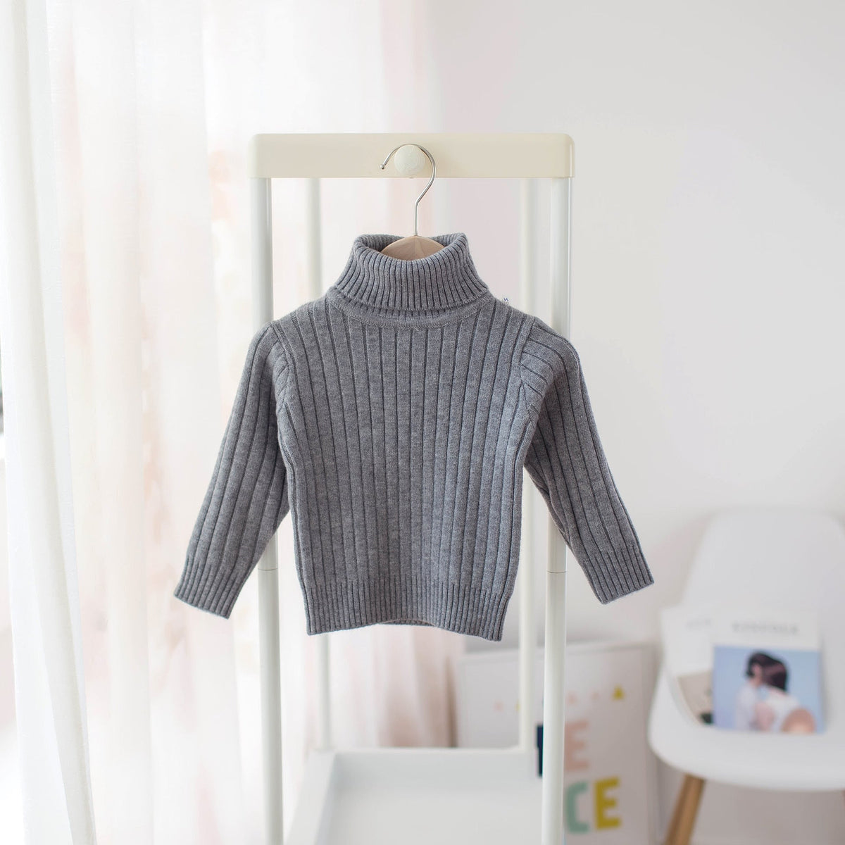 Kids ribbed turtleneck knit shirt, heather grey, long sleeves