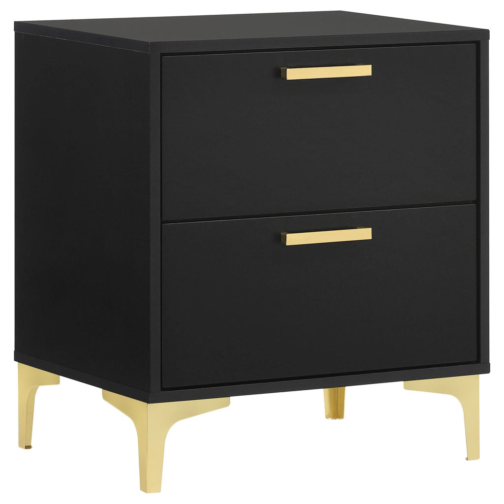 Black nightstand with two drawers and gold bar handles, tapered gold legs
