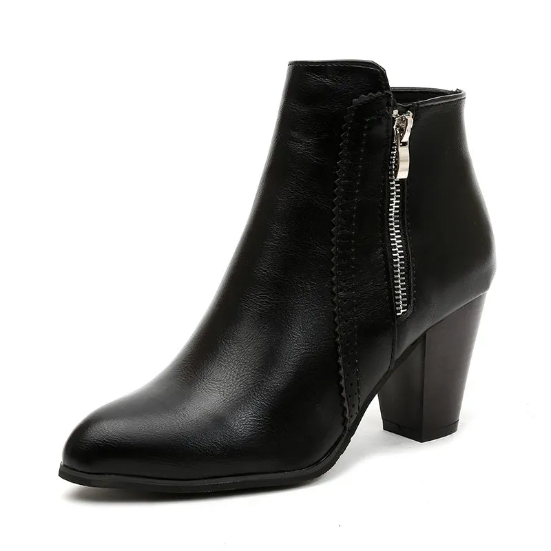 Black PU leather block heel ankle boot with side zipper, rounded toe and block heel