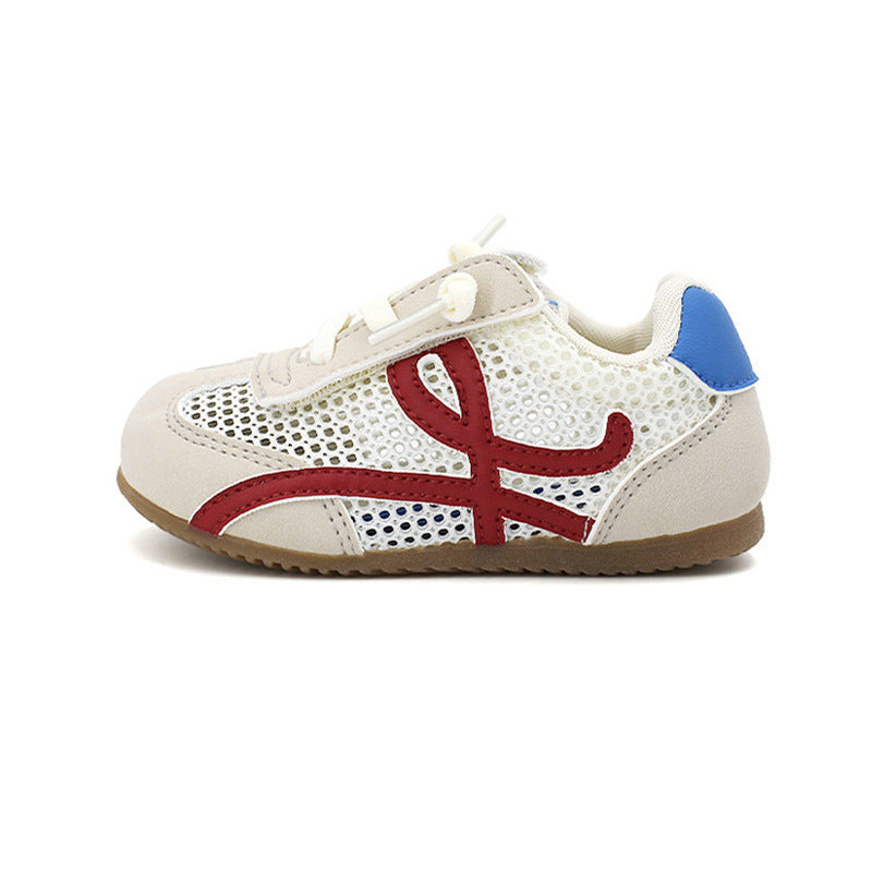 White toddler lace-up sport shoes with red logo and blue heel