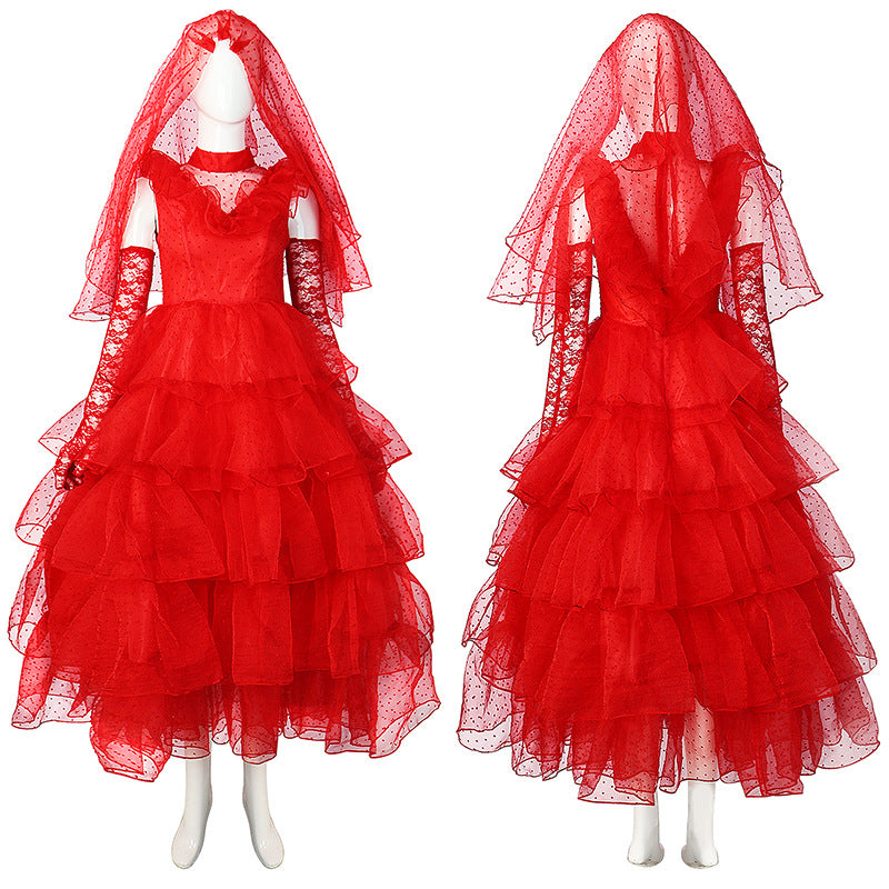Red tulle ruffle wedding-style costume dress front and back on mannequins
