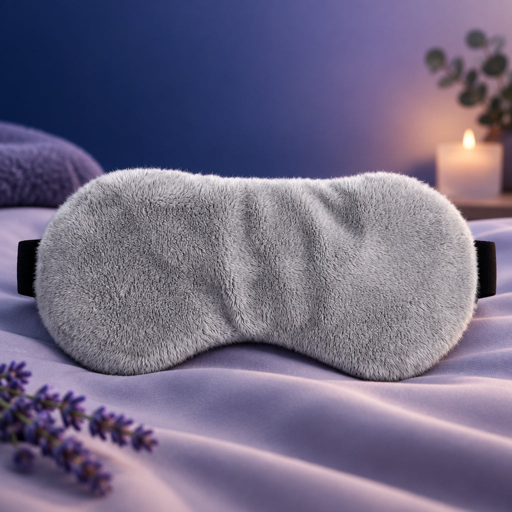 Grey weighted sleep mask with plush texture and curved eye opening