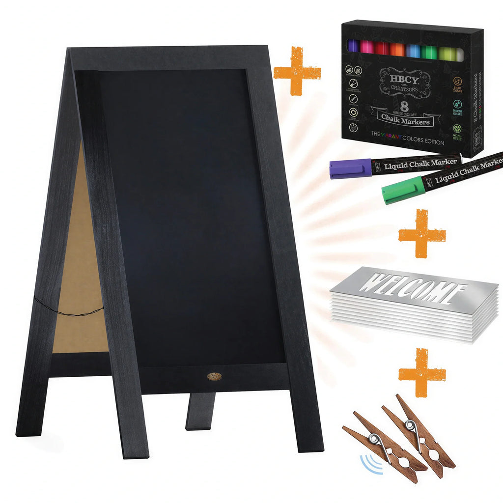 Black A-frame chalkboard sign with wood frame, double-sided writing surface