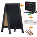 Black A-frame chalkboard sign with wood frame, double-sided writing surface