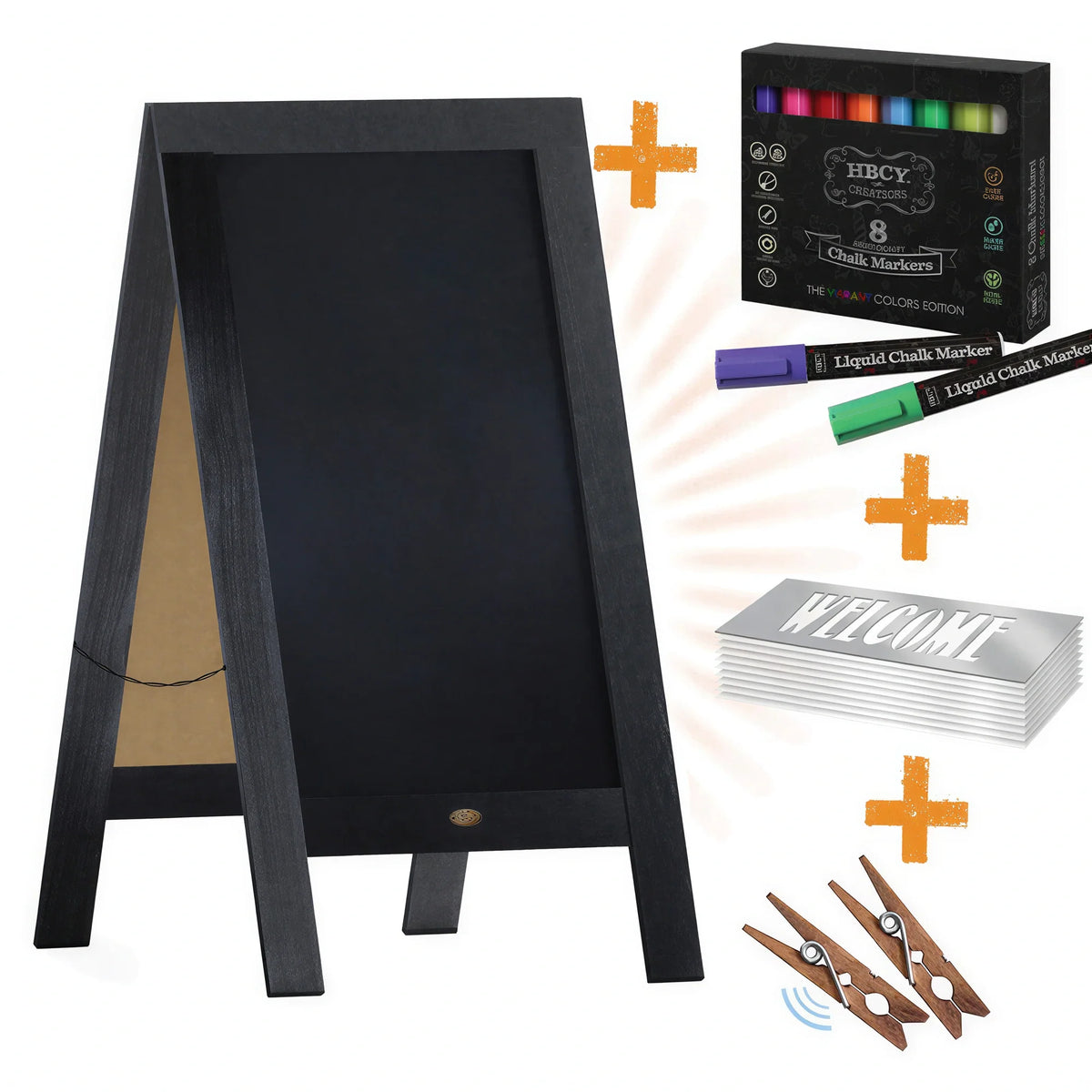 Black A-frame chalkboard sign with wood frame, double-sided writing surface