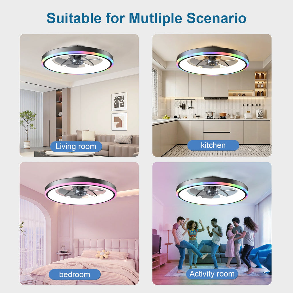 Black RGB ceiling fan with LED ring shown in living room, kitchen, bedroom, and activity room