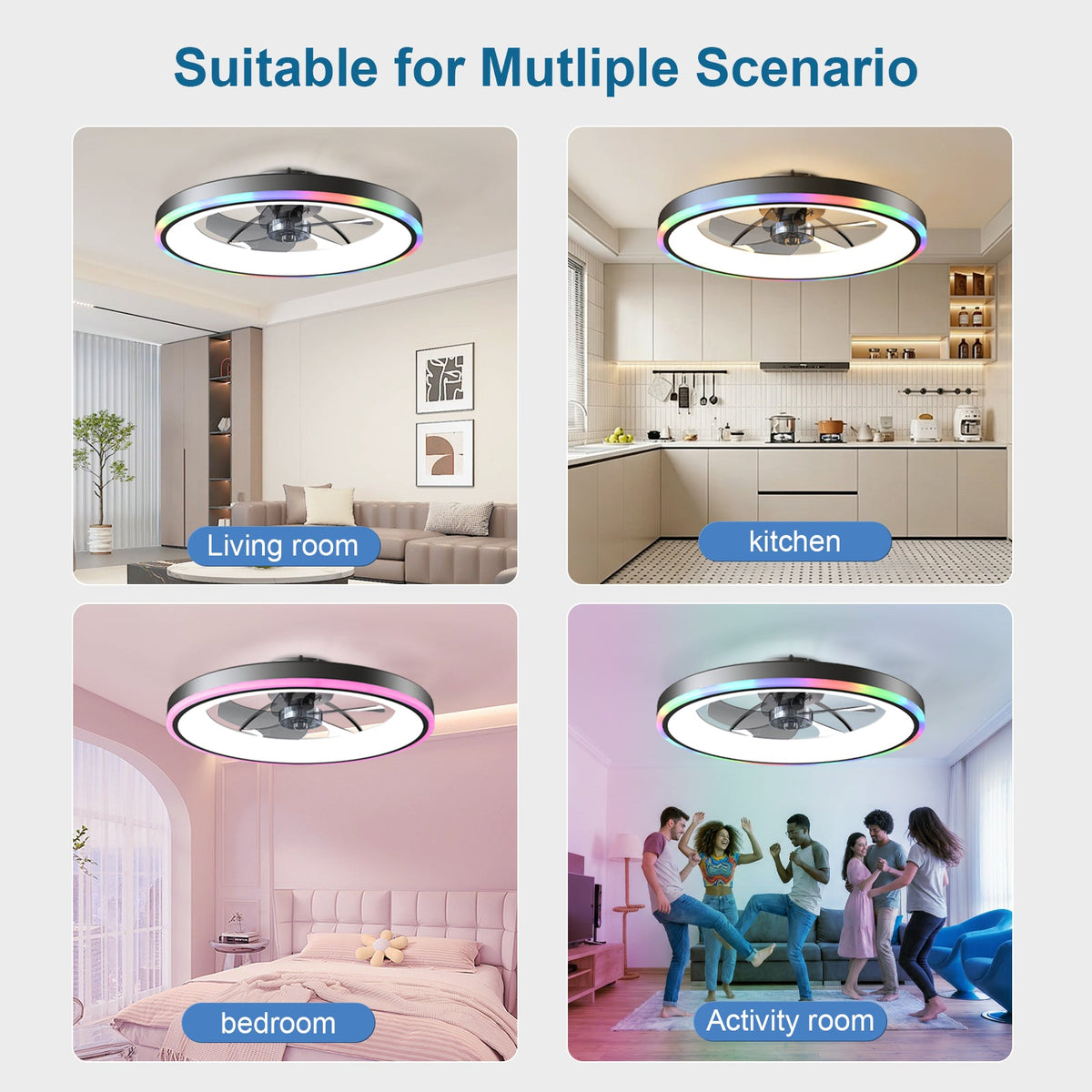 Black RGB ceiling fan with LED ring shown in living room, kitchen, bedroom, and activity room