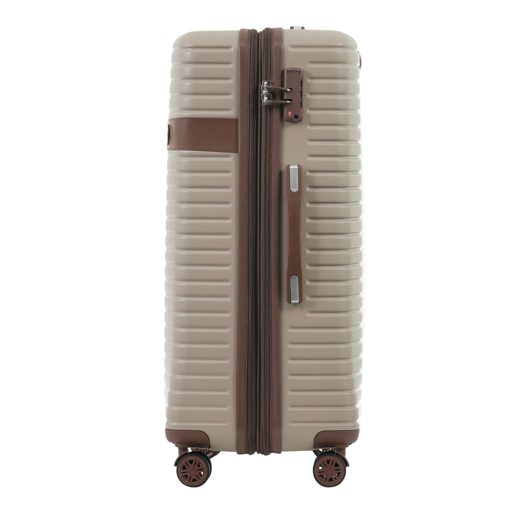 Beige hard-shell suitcase with brown trim, side carry handle, and 4 spinner wheels